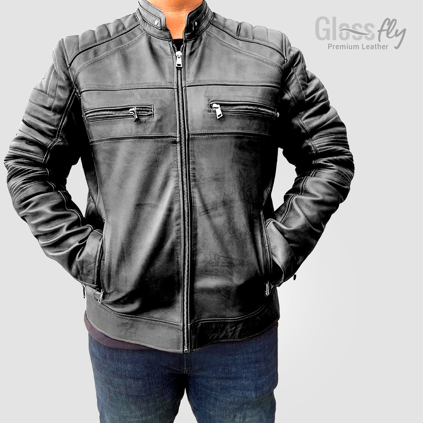 Men's Biker Jacket, Tan & Black, Handmade , Cafe Racer Slim Fit Motorcycle Leather Jacket, Vintage Style Sheepskin Leather