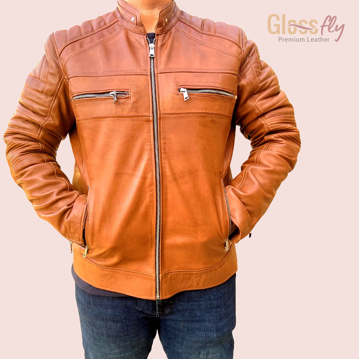 Men's Biker Jacket, Tan & Black, Handmade , Cafe Racer Slim Fit Motorcycle Leather Jacket, Vintage Style Sheepskin Leather