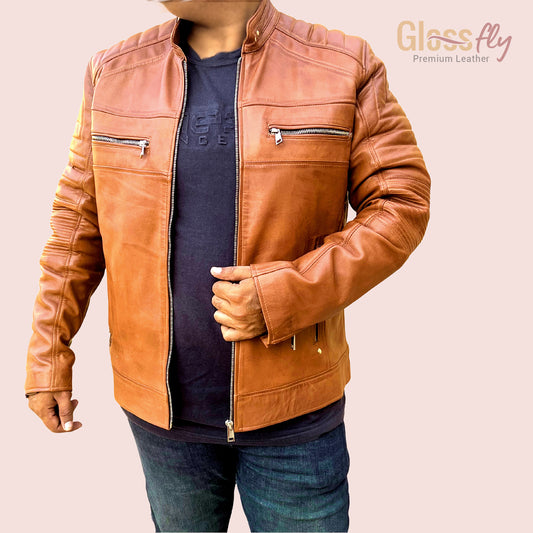 Men's Biker Jacket, Tan & Black, Handmade , Cafe Racer Slim Fit Motorcycle Leather Jacket, Vintage Style Sheepskin Leather