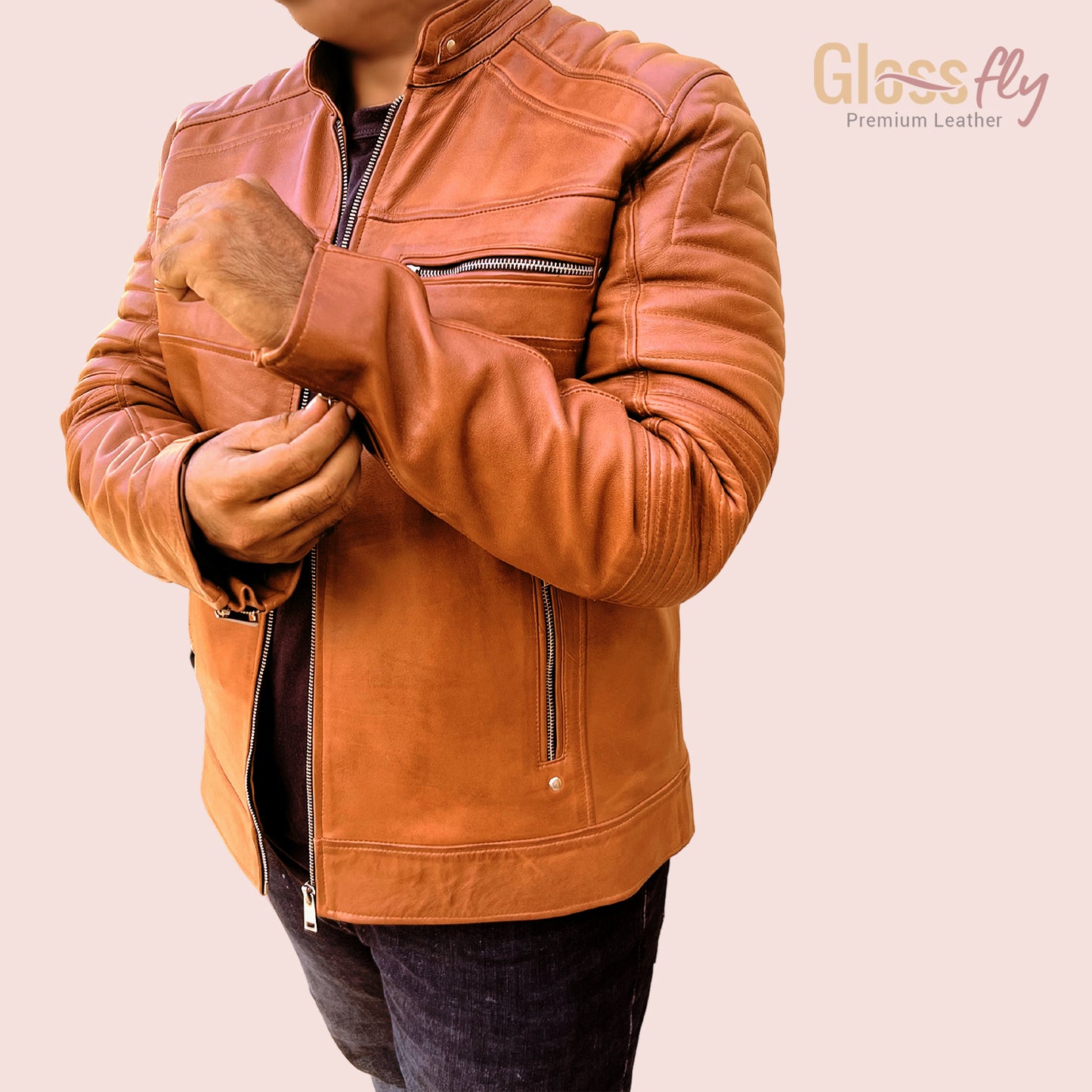 Men's Biker Jacket, Tan & Black, Handmade , Cafe Racer Slim Fit Motorcycle Leather Jacket, Vintage Style Sheepskin Leather