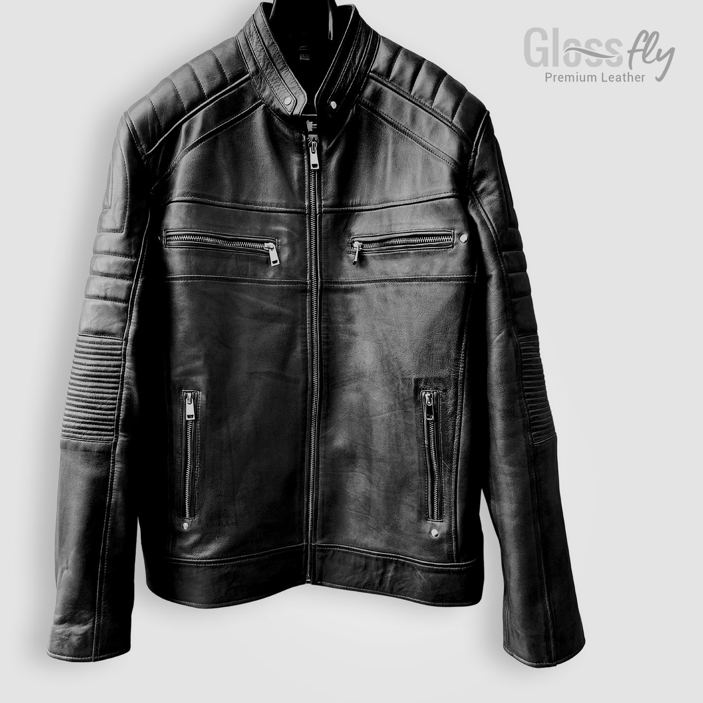 Men's Biker Jacket, Tan & Black, Handmade , Cafe Racer Slim Fit Motorcycle Leather Jacket, Vintage Style Sheepskin Leather