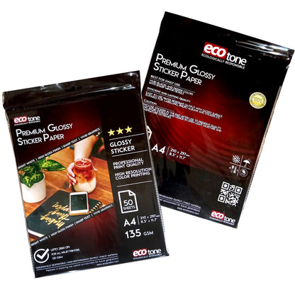 Ecotone Glossy Sticker Photo Paper 135 GSM A4 – Pack of 50 Sheets | Premium Printable Adhesive Labels