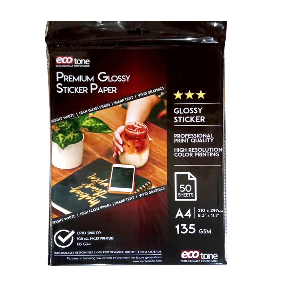 Ecotone Glossy Sticker Photo Paper 135 GSM A4 – Pack of 50 Sheets | Premium Printable Adhesive Labels