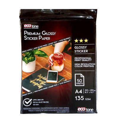 Ecotone Glossy Sticker Photo Paper 135 GSM A4 – Pack of 50 Sheets | Premium Printable Adhesive Labels