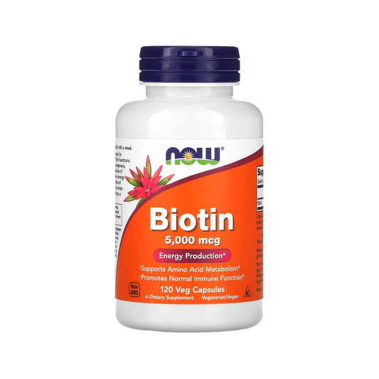 NOW Foods Biotin 5,000 mcg – Hair, Skin & Nails + Energy Support (120 Veg Capsules | Exp 31/08/2025)