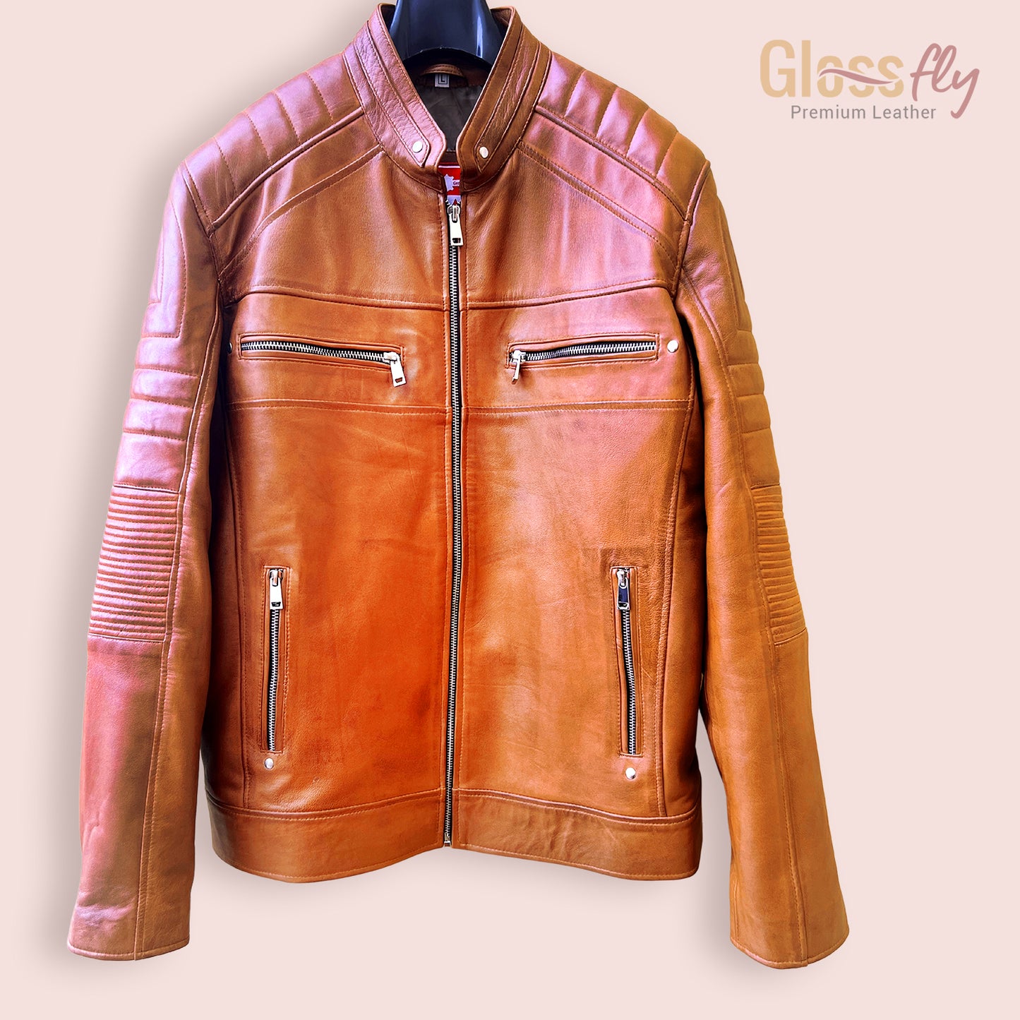Men's Biker Jacket, Tan & Black, Handmade , Cafe Racer Slim Fit Motorcycle Leather Jacket, Vintage Style Sheepskin Leather